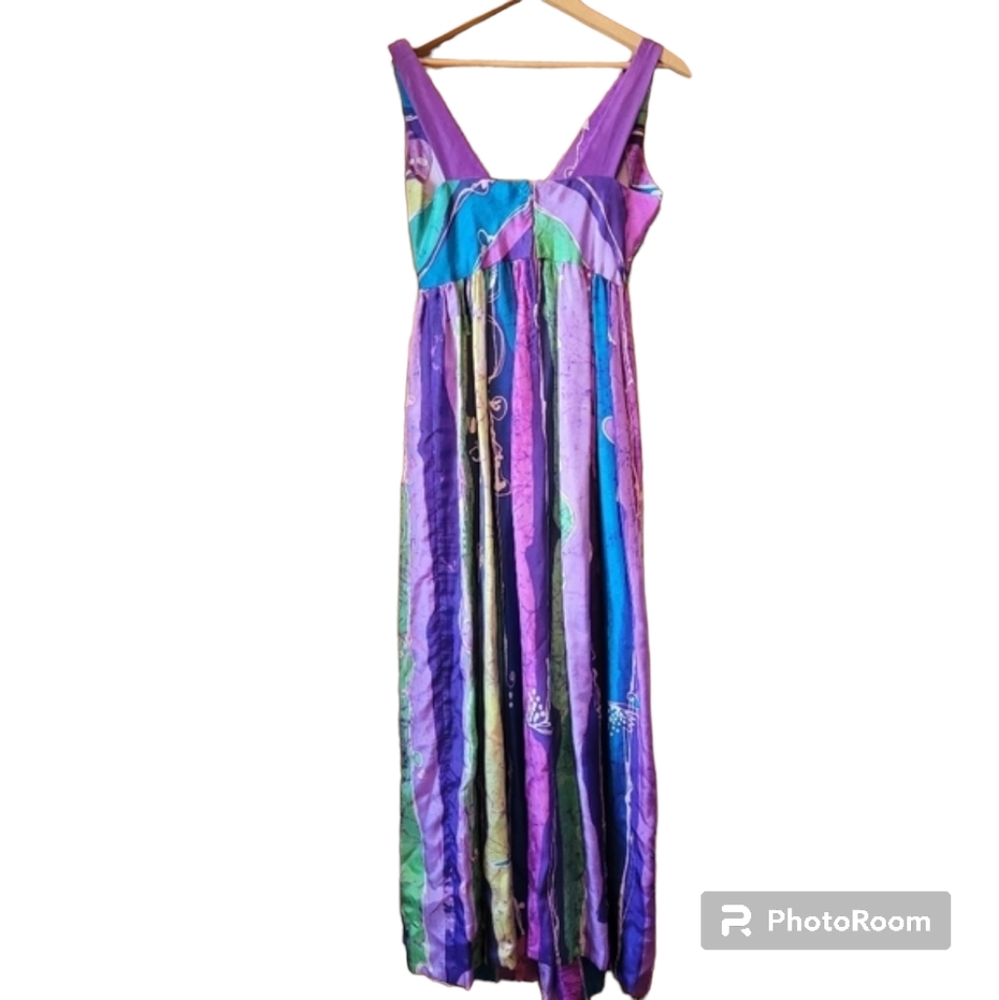 Vintage 70s Silk Batik Maxi Dress Blue And Purple size small Wedding Guest Party - Picture 3 of 7